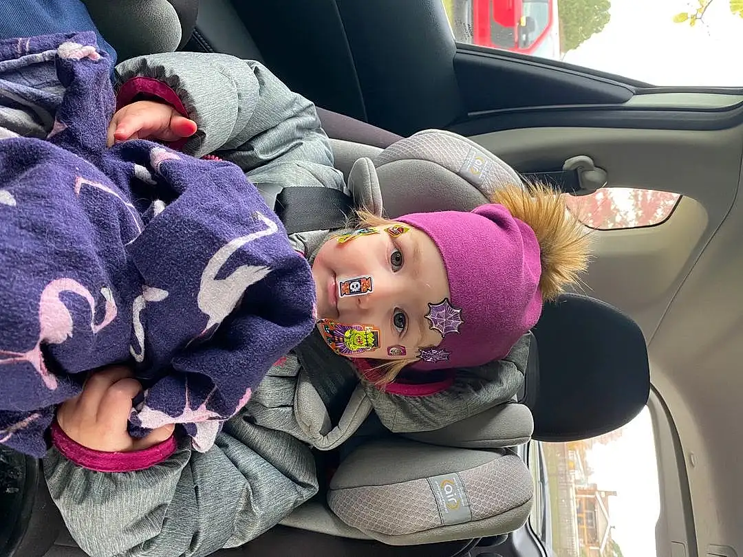 Comfort, Purple, Plante, Seat Belt, Vrouumm, Car Seat, Vehicle Door, Car, Car Seat Cover, Goggles, Auto Part, Baby Carriage, Bambin, Lap, Thigh, Head Restraint, Family Car, Arbre, Baby Products, Sunglasses, Personne, Headwear