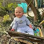 Sourire, Plante, People In Nature, Arbre, Outdoor Furniture, Comfort, Herbe, Baby, Baby & Toddler Clothing, Leisure, Bambin, Happy, Baby Carriage, Enfant, Assis, Baby Products, Wheelbarrow, Chair, Garden, Personne, Joy