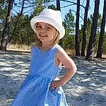 Clothing, Bleu, Chapi Chapo, Summer, People In Nature, Baby & Toddler Clothing, Dress, Headgear, Sun Hat, Day Dress, Electric Blue, One-piece Garment, Foot, Denim, Bambin, Barefoot, Costume Accessory, Blond, Toe, Ankle, Personne, Joy, Headwear