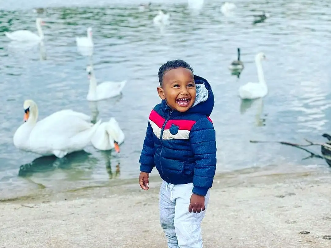 Eau, Sourire, Bird, Yeux, Beak, Lake, Happy, Ducks, Geese And Swans, Baby & Toddler Clothing, Waterfowl, Bambin, Jacket, Leisure, Recreation, Fun, Voyages, Hiver, Feather, Duck, Personne, Joy